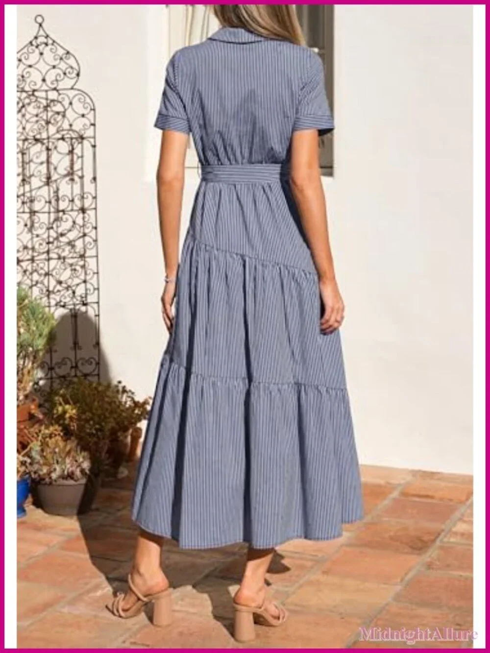 Women's Striped Button Up Maxi Shirt Dress with Belt | Short Sleeve Flowy